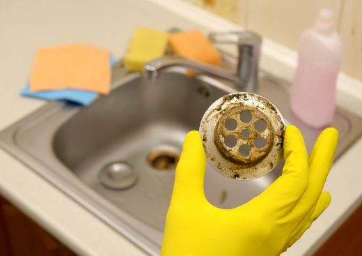 Cleaner in rubber gloves shows waste in the plughole protector of a kitchen sink. Dirty steel sink drain filter. Trash traps grid of drainage holes
